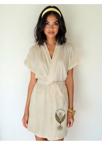 Tohum Görselli Ekru Renk Düşük Kol Müslin Kimono