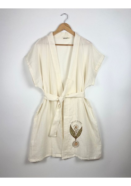 Tohum Görselli Ekru Renk Düşük Kol Müslin Kimono fırsatları