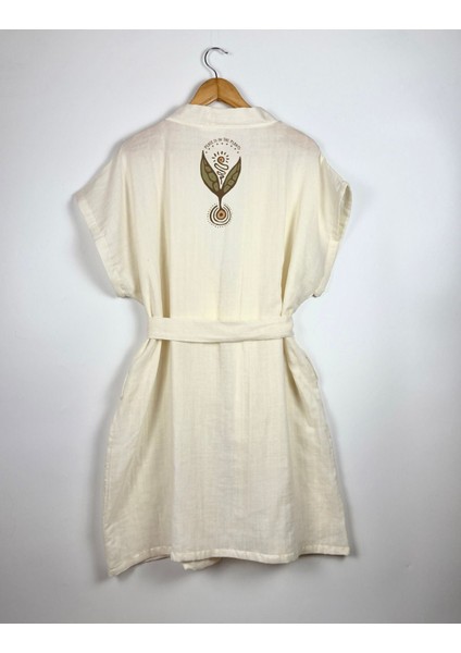 Tohum Görselli Ekru Renk Düşük Kol Müslin Kimono indirimleri