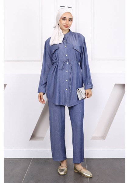 Lacivert Taşlı Tunik Pantolon Takım