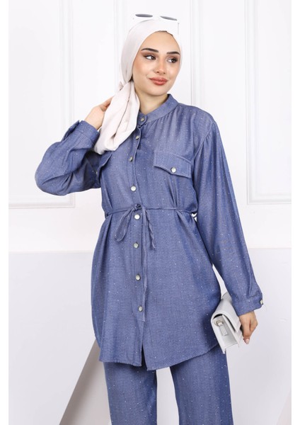 Lacivert Taşlı Tunik Pantolon Takım modelleri