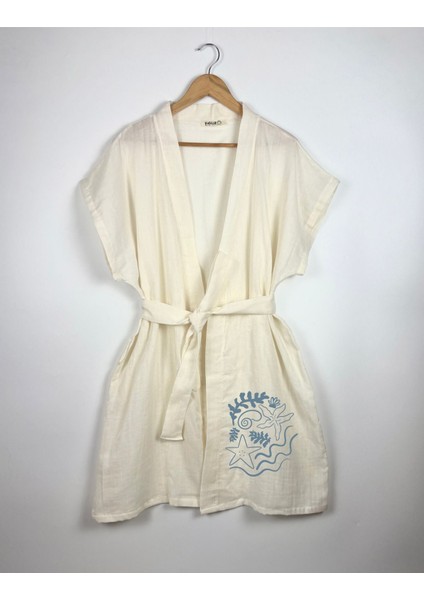 Çizgisel Deniz Bitkileri Görselli Ekru Renk Düşük Kol Müslin Kimono fırsatları