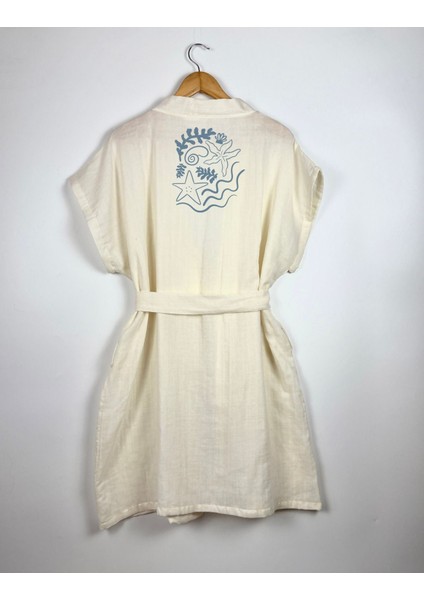 Çizgisel Deniz Bitkileri Görselli Ekru Renk Düşük Kol Müslin Kimono indirimleri