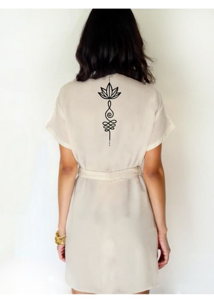 Lotus ve Unalome Görselli Ekru Renk Düşük Kol Müslin Kimono fiyatları