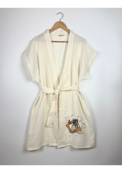 Başak Burcu Tasarımlı Ekru Renk Düşük Kol Müslin Kimono indirimleri