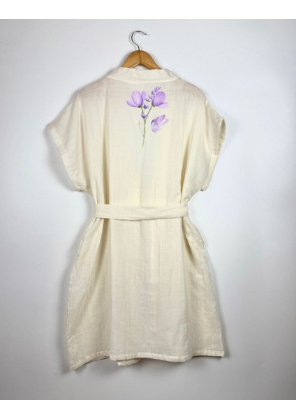 Mor Çiçek ve Kelebek Görselli Ekru Renk Düşük Kol Müslin Kimono indirimleri