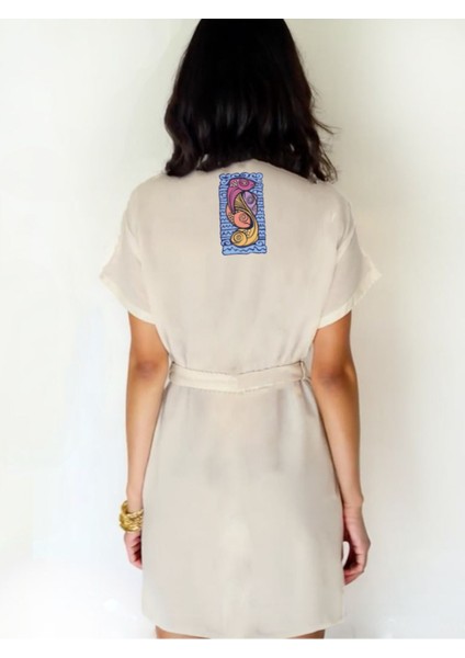 Grafik Balık Desenli Ekru Renk Düşük Kol Müslin Kimono fiyatları