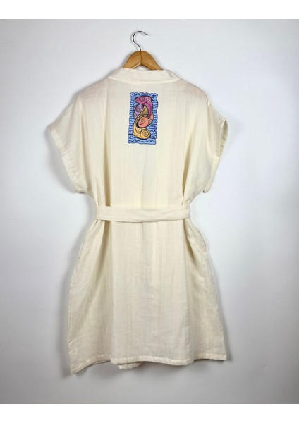 Grafik Balık Desenli Ekru Renk Düşük Kol Müslin Kimono indirimleri