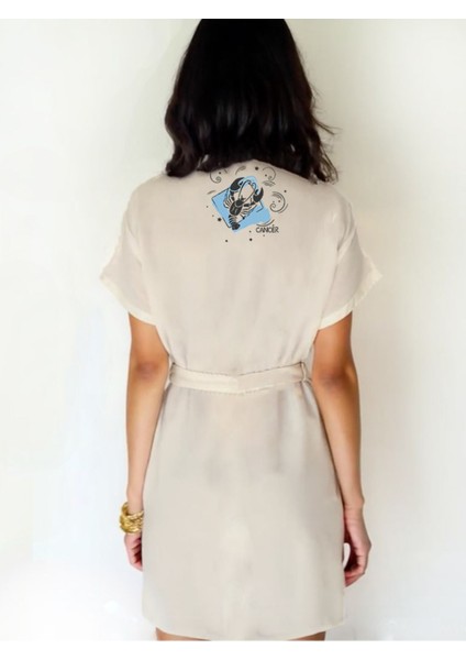 Yengeç Burcu Tasarımlı Ekru Renk Düşük Kol Müslin Kimono fiyatları