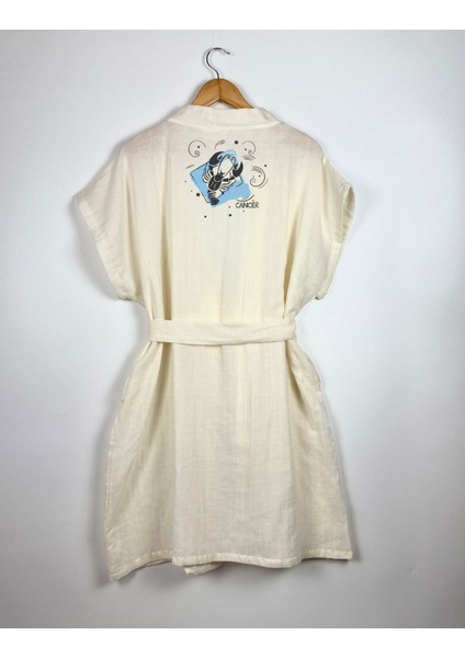 Yengeç Burcu Tasarımlı Ekru Renk Düşük Kol Müslin Kimono fırsatları
