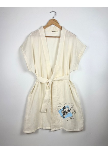 Yengeç Burcu Tasarımlı Ekru Renk Düşük Kol Müslin Kimono indirimleri