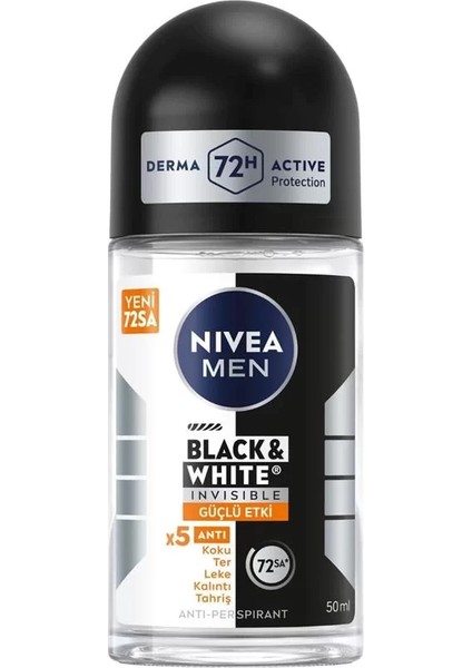 Men Erkek Roll On Deodorant Black&white Invisible Güçlü Etki 50 Ml,72 Saat Anti-Perspirant