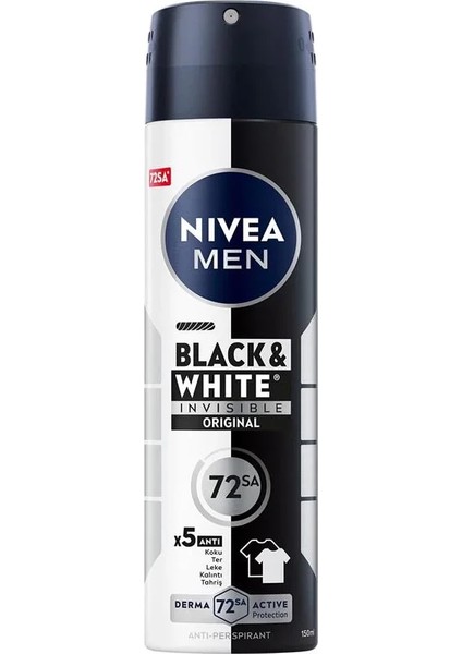 Men Erkek Sprey Deodorant Black&white Invisible Original 150ML, 72 Saat Anti-Perspirant Koruma