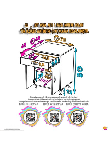 Qplas (Xl) Set Ocak Altı Dolap 70X88X48 cm Çekmeceli, Kapaklı 2 Göz Raf Bölmeli
