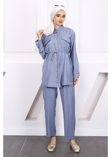Mavi Taşlı Tunik Pantolon Takım