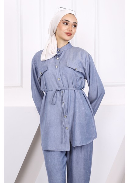 Mavi Taşlı Tunik Pantolon Takım modelleri