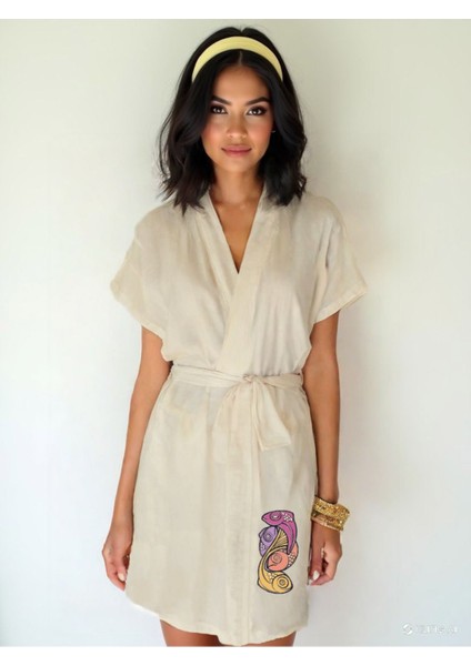 Grafik Mor Balık Görselli Ekru Renk Düşük Kol Müslin Kimono