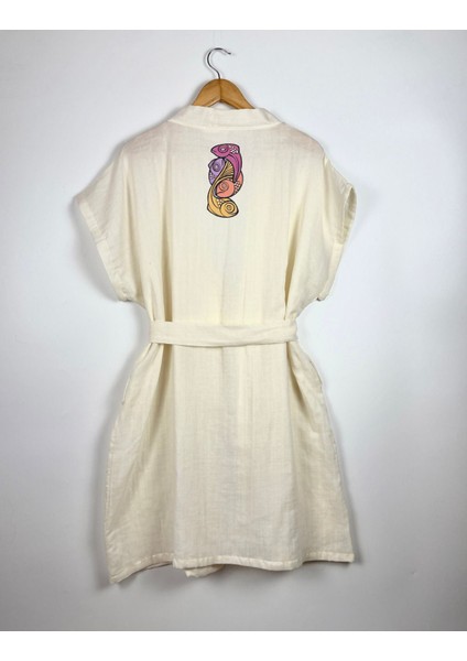 Grafik Mor Balık Görselli Ekru Renk Düşük Kol Müslin Kimono indirimleri