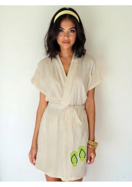 Terlik Görselli Ekru Renk Düşük Kol Müslin Kimono