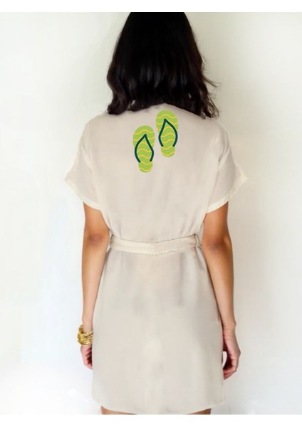 Terlik Görselli Ekru Renk Düşük Kol Müslin Kimono fiyatları