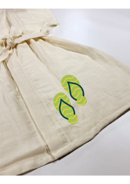 Terlik Görselli Ekru Renk Düşük Kol Müslin Kimono modelleri