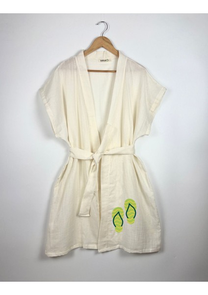 Terlik Görselli Ekru Renk Düşük Kol Müslin Kimono fırsatları