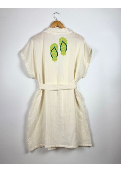 Terlik Görselli Ekru Renk Düşük Kol Müslin Kimono indirimleri