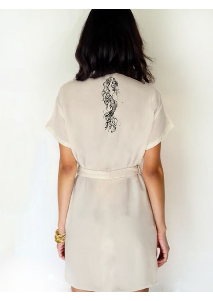 Grafik Mor Balık Görselli Ekru Renk Düşük Kol Müslin Kimono fiyatları