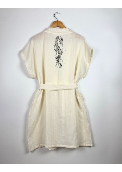 Grafik Mor Balık Görselli Ekru Renk Düşük Kol Müslin Kimono fırsatları