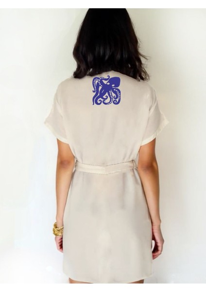 Lacivert Ahtapot Görselli Ekru Renk Düşük Kol Müslin Kimono fiyatları