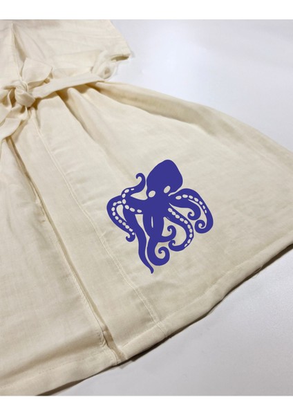 Lacivert Ahtapot Görselli Ekru Renk Düşük Kol Müslin Kimono modelleri