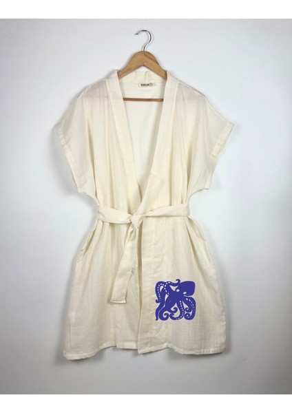 Lacivert Ahtapot Görselli Ekru Renk Düşük Kol Müslin Kimono fırsatları