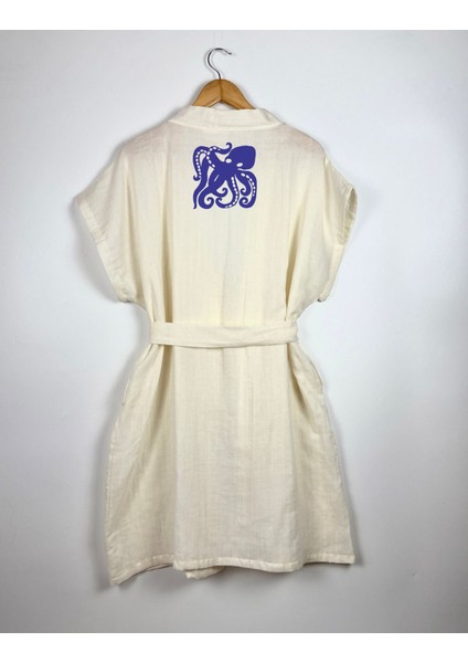 Lacivert Ahtapot Görselli Ekru Renk Düşük Kol Müslin Kimono indirimleri