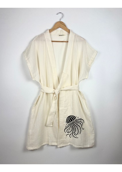 Siyah Ahtapot Görselli Ekru Renk Düşük Kol Müslin Kimono fırsatları