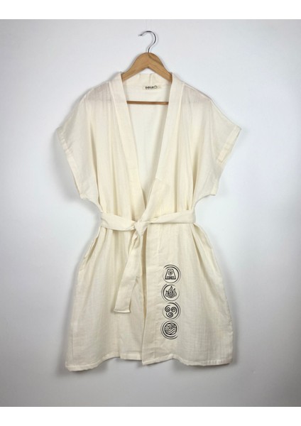 Dört Element Görselli Ekru Renk Düşük Kol Müslin Kimono fırsatları