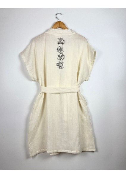 Dört Element Görselli Ekru Renk Düşük Kol Müslin Kimono indirimleri