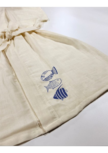 Lacivert Balık Görselli Ekru Renk Düşük Kol Müslin Kimono modelleri