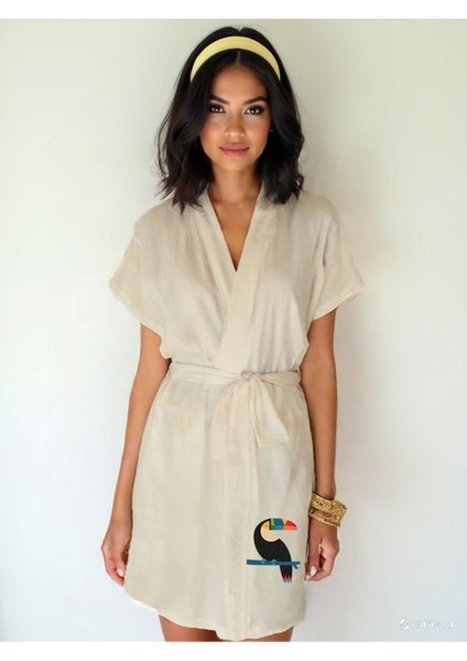 Siyah Tukan Görselli Ekru Renk Düşük Kol Müslin Kimono