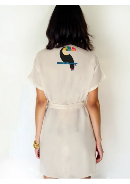 Siyah Tukan Görselli Ekru Renk Düşük Kol Müslin Kimono fiyatları