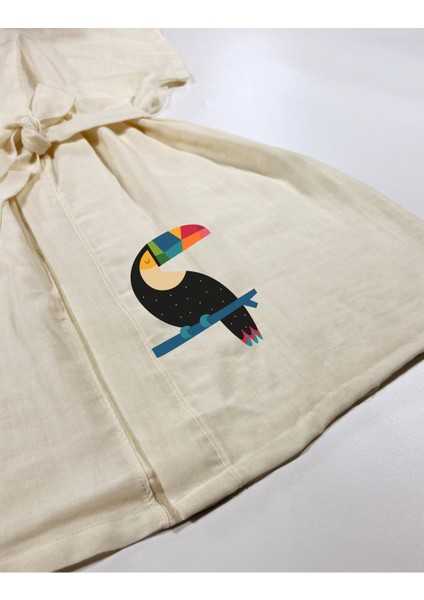 Siyah Tukan Görselli Ekru Renk Düşük Kol Müslin Kimono modelleri