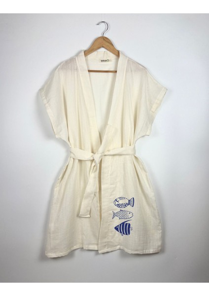 Lacivert Balık Görselli Ekru Renk Düşük Kol Müslin Kimono fırsatları