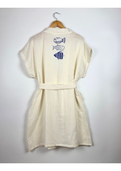 Lacivert Balık Görselli Ekru Renk Düşük Kol Müslin Kimono indirimleri