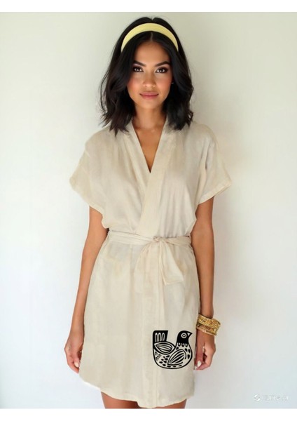 Iskandinav Kuş Görselli Ekru Renk Düşük Kol Müslin Kimono