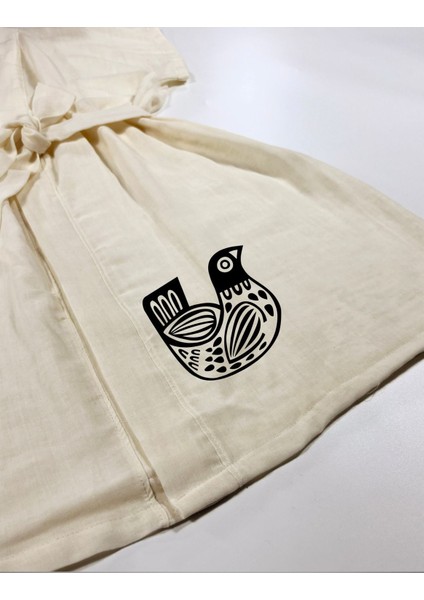 Iskandinav Kuş Görselli Ekru Renk Düşük Kol Müslin Kimono modelleri