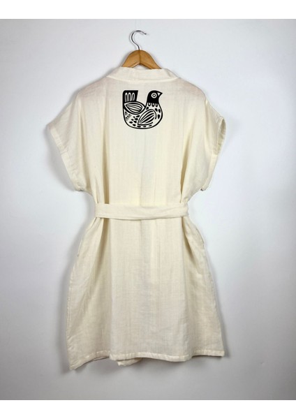 Iskandinav Kuş Görselli Ekru Renk Düşük Kol Müslin Kimono indirimleri