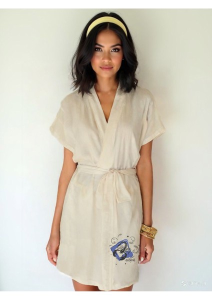 Akrep Burcu Tasarımlı Ekru Renk Düşük Kol Müslin Kimono
