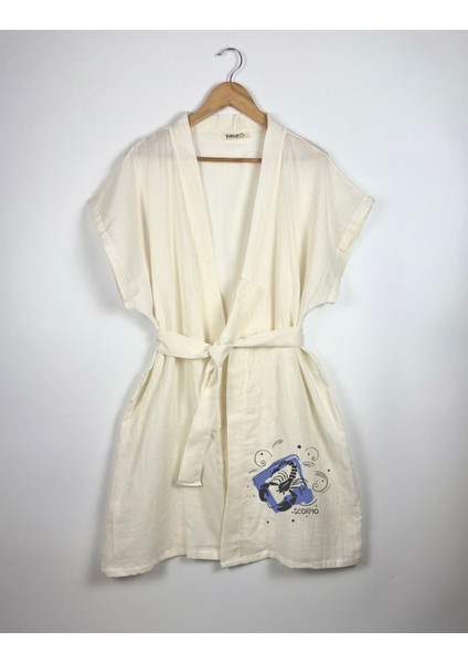 Akrep Burcu Tasarımlı Ekru Renk Düşük Kol Müslin Kimono fırsatları