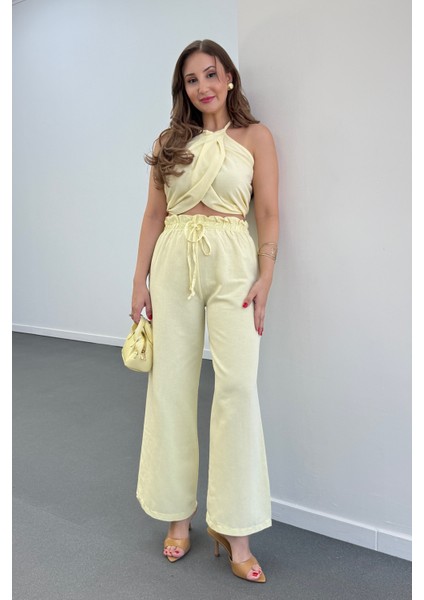 Lenora Keten Kruvaze Halter Yaka Bluz ve Pantolon Takım