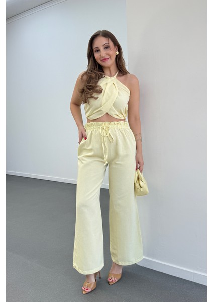 Lenora Keten Kruvaze Halter Yaka Bluz ve Pantolon Takım modelleri