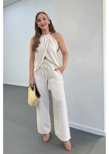 Lenora Keten Kruvaze Halter Yaka Bluz ve Pantolon Takım